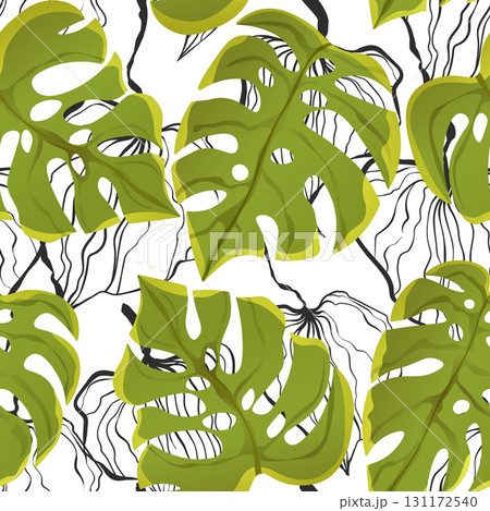Floral seamless with hand drawn color exotic monstera leaves. Cute summer background. Tropic branches. Modern floral compositions. Fashion vector illustration for wallpaper, fabric, textile 131172540