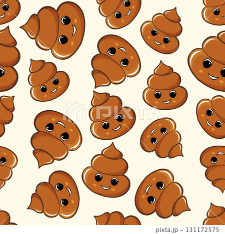 Seamless pattern with kawaii poop on white background. Cartoon poo, feces icons. Shit patterns, evil turd. Vector illustration for invitation, poster, card, fabric, textile. Doodle style 131172575