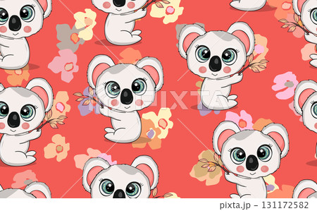 Seamless pattern with cute koala baby on color background. Funny australian animals. Card, postcards for kids. Flat vector illustration for fabric, textile, wallpaper, poster, paper Seamless pattern with cute koala baby on color background. Funny australian animals. Card, postcards for kids. Flat vector illustration for fabric, textile, wallpaper, poster, paper 131172582