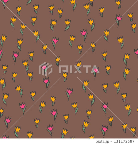 Spring colorful vector illustration with tulips. Cartoon style. Simple minimalistic pattern with nature elements. Vector illustration for fabric, textile, poster, invitation 131172597