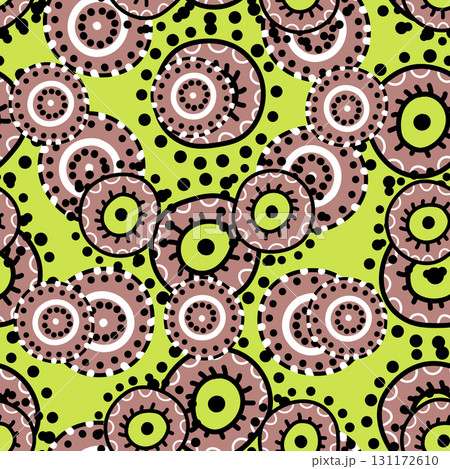 Seamless pattern with geometric aboriginal ornament. Ethnic tribal rounded color background. Afican, australian motiph. Dots painting. Vector illustration, template design for cloth, card, fabric 131172610