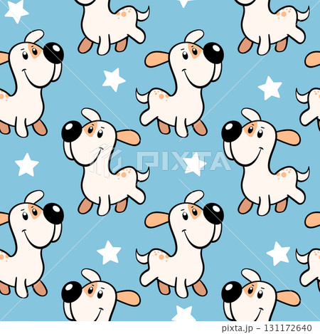 Vector seamless repeating childish pattern with cute dogs in doodle style. Animals background with dog, pets, puppy for invitation, poster, card, flyer, textile, fabric 131172640