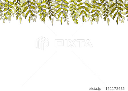 Floral frame with colorful exotic branches on white background. Ornate border with tropic leaves. Vector stock illustration for wallpaper, posters, card. Doodle style. Copy space Floral frame with colorful exotic branches on white background. Ornate border with tropic leaves. Vector stock illustration for wallpaper, posters, card. Doodle style. Copy space 131172683