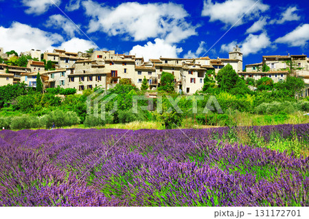 scenery of Provence - view of Saignon village and lavander field in Provence, France scenery of Provence - view of Saignon village and lavander field in Provence, France 131172701