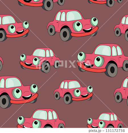 Seamless pattern with cute car on color background. Cartoot transport. Vector illustration. Doodle style. Design for baby print, invitation, poster, card, fabric, textile 131172738