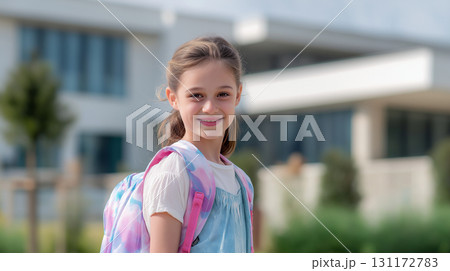 Smiling schoolgirl standing with backpack in front of school on her first day Smiling schoolgirl standing with backpack in front of school on her first day 131172783
