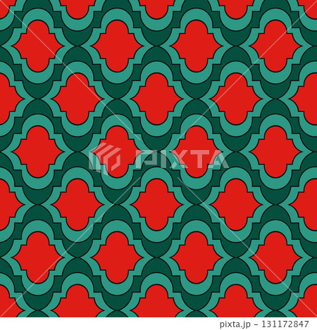 Arabic arabesque seamless pattern with colorful elements. Geometric background. Design greeting card for Ramadan Kareem, Islamic ornamental colorful detail of mosaic. Vector illustration 131172847