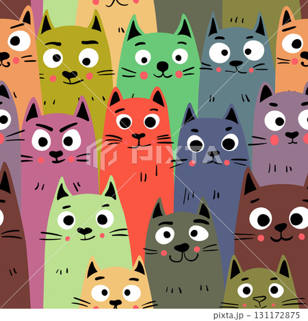 Seamless pattern with cute kitten print. Different scandy cats on color background. Scandinavian style illustration for kids. Vector illustration for fabric, textile, wallpaper, home clothing, pajama 131172875