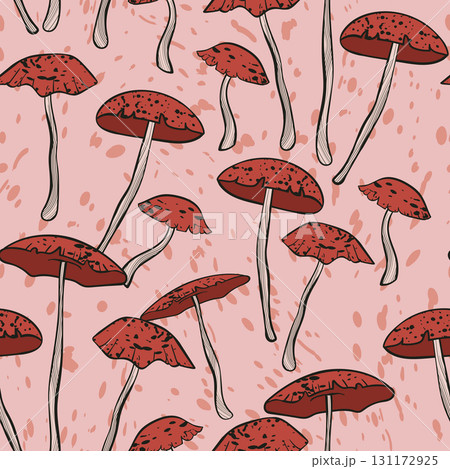 Seamless pattern with mushrooms. Hand drawn vector illustration. Vegan food menu. Poisonous and edible mushroom. Autumn mushroom picking, forest plant sketches 131172925