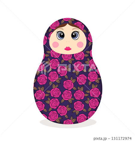Russian Matryoshka. Traditional Russian folklore dolls with big eyes and lips. Babushka doll with hohloma, traditional painted floral pattern. Hand drawn vector illustration 131172974