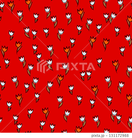 Spring colorful vector illustration with tulips. Cartoon style. Simple minimalistic pattern with nature elements. Vector illustration for fabric, textile, poster, invitation 131172988
