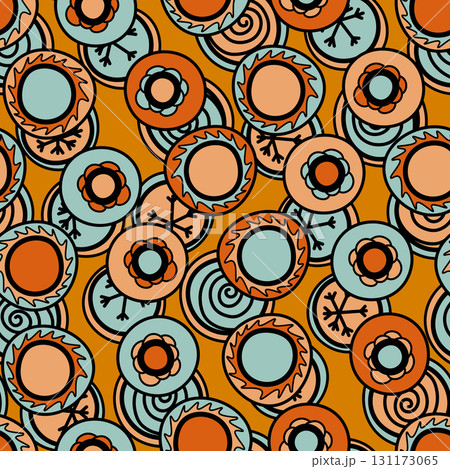 Seamless pattern with geometric aboriginal ornament. Ethnic tribal rounded color background. Afican, australian motiph. Dots painting. Vector illustration, template design for cloth, card, fabric 131173065