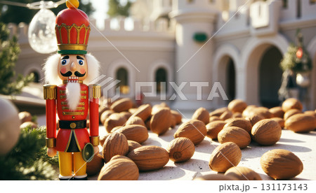 A charming Nutcracker soldier guards walnuts and a whimsical castle. A fairytale atmosphere of New Year and Christmas, Christmas Eve, magic and witchcraft. A charming Nutcracker soldier guards walnuts and a whimsical castle. A fairytale atmosphere of New Year and Christmas, Christmas Eve, magic and witchcraft. 131173143