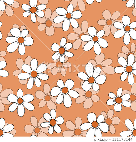 Seamless floral pattern based on traditional folk art ornaments. Colorful chamomile, daisy flowers on color background. Doodle style. Vector illustration. Simple minimalistic pattern 131173144