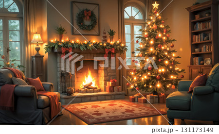 Christmas Eve, a fireplace is burning in a cozy room, a Christmas tree with balls and toys is shining. Fairytale atmosphere of New Year and Christmas, Christmas Eve, magic. 131173149