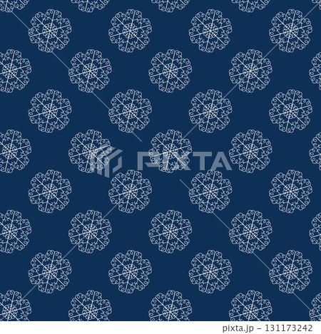 Winter seamless pattern with white snowflakes on blue background. Vector illustration for fabric, textile wallpaper, posters, gift wrapping paper. Christmas vector illustration 131173242