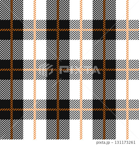 Black and orange Scotland textile seamless pattern. Fabric texture check tartan plaid. Abstract geometric background for cloth, fabric. Monochrome graphic repeating design. Modern squared ornament. 131173261