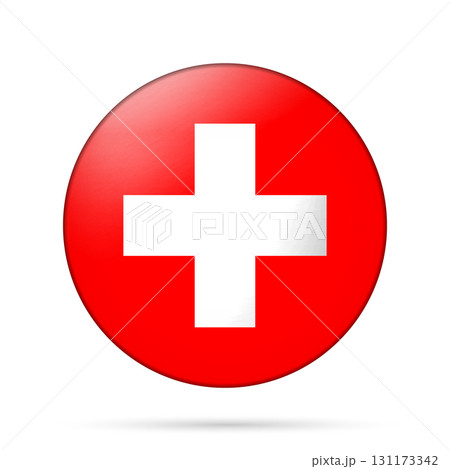 Glass light ball with flag of Switzerland. Round sphere, template icon. Swiss national symbol. Glossy realistic ball, 3D abstract vector illustration highlighted on a white background. Big bubble 131173342