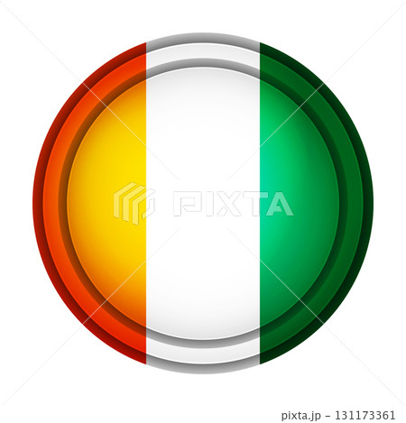 Glass light ball with flag of Cote d’Ivoire. Round sphere, template icon. National symbol. Glossy realistic ball, 3D abstract vector illustration highlighted on a white background. Big bubble 131173361