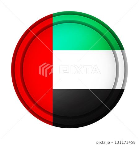 Glass light ball with flag of United Arab Emirates. Round sphere, template icon. Arabian national symbol. Glossy realistic ball, 3D abstract vector illustration on a white background. Big bubble 131173459