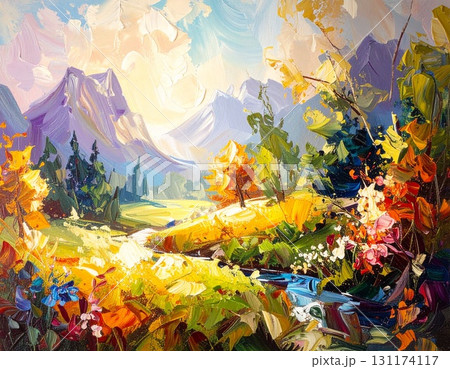油絵風の厚塗りタッチで描いた大自然の風景 131174117