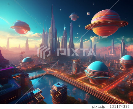 様々な惑星が空に浮かぶ超未来的な都市 131174355