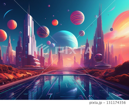 様々な惑星が空に浮かぶ超未来的な都市 131174356