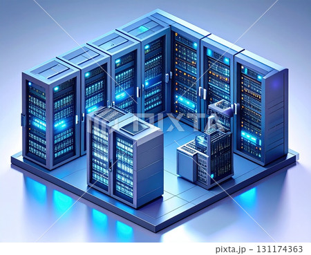 サーバーラックが規則正しく並び、ケーブルや冷却設備も描かれた近未来的データセンター サーバーラックが規則正しく並び、ケーブルや冷却設備も描かれた近未来的データセンター 131174363