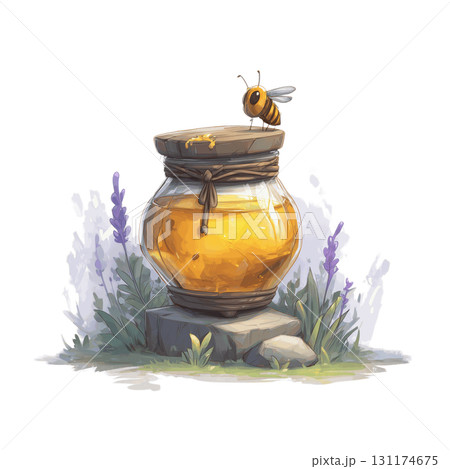 Watercolor Honey Bee Clipart with Beehive and Honey Jar High Contrast Pastel Colors Transparent Background 131174675