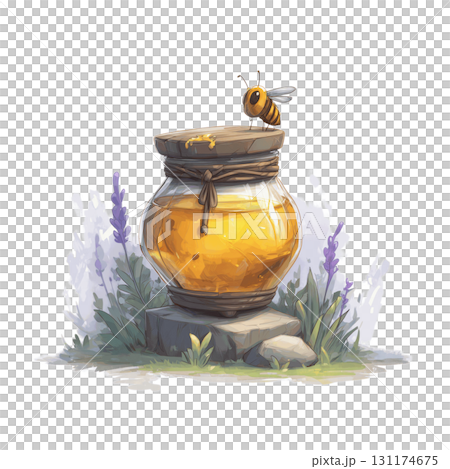 Watercolor Honey Bee Clipart with Beehive and Honey Jar High Contrast Pastel Colors Transparent Background 131174675
