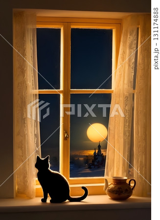 Silhouette of cat on window sill with warm glowing light, cinematic cozy scene for design projects Silhouette of cat on window sill with warm glowing light, cinematic cozy scene for design projects 131174888