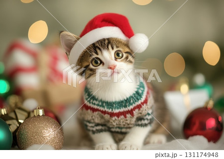 Adorable kitten in santa hat and sweater surrounded by festive christmas decorations 131174948