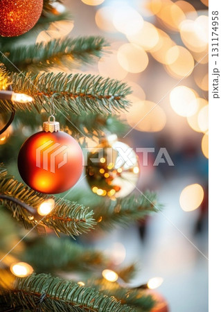 Festive shopping mall with christmas tree and golden and red decorations in holiday season 131174958