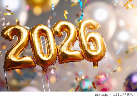 Golden 2026 balloons with colorful confetti and balloons celebrating new year 131174970