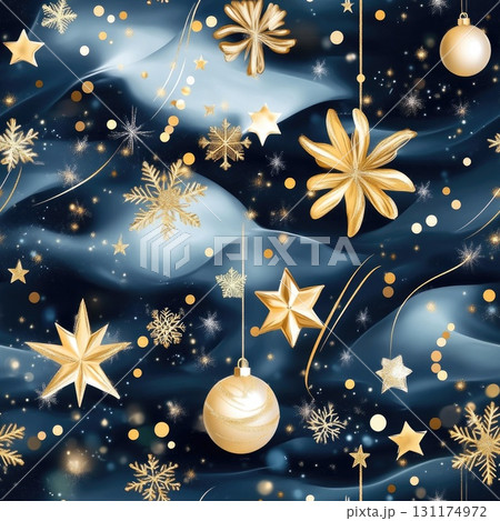 Elegant winter holiday pattern with gold snowflakes and festive ornaments on dark background 131174972