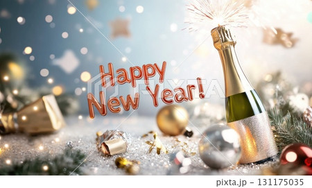 Festive new year celebration with sparkling champagne bottle in snowy setting 131175035