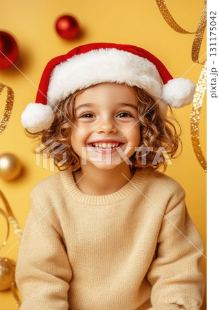 Joyful child in santa hat with christmas ornaments on golden background 131175042