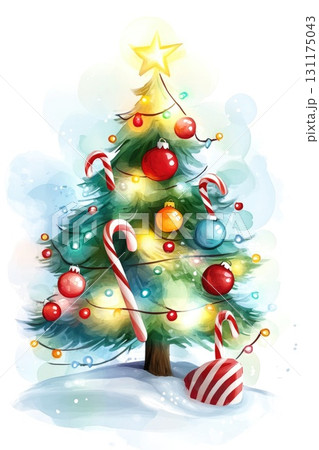 Festive christmas tree with star topper and colorful ornaments and gifts on snowy background 131175043