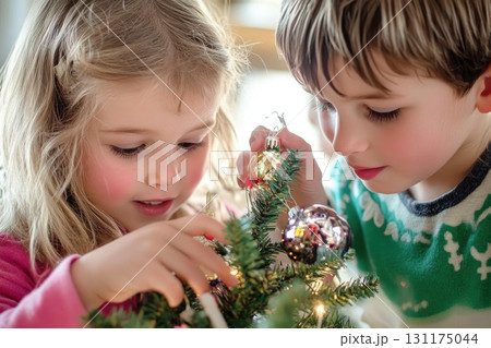 Joyful children decorating christmas tree with colorful ornaments in festive holiday atmosphere 131175044