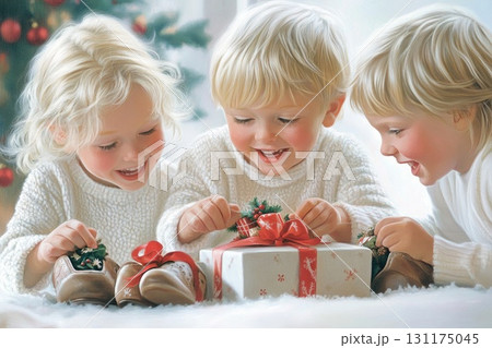 Joyful children unwrapping gifts by the christmas tree in cozy winter sweaters 131175045
