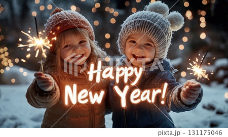 Joyful children celebrating new year outdoors with sparklers in winter wonderland 131175046