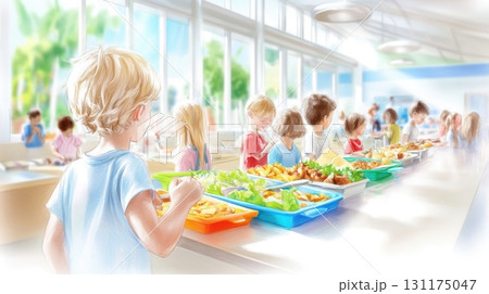 Children enjoying lunch in a bright school cafeteria setting 131175047