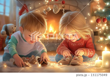 Cozy winter scene with children by fireplace tying shoes and candlelight in snowy cabin 131175049