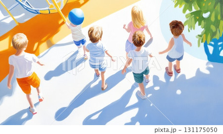 Bright summer day at a colorful playground with children and play structures 131175050