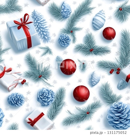 Festive holiday pattern with gifts, ornaments, and evergreen branches on light blue background 131175052