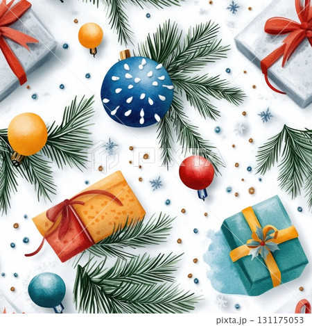 Festive holiday pattern with gifts, ornaments, and evergreen branches on light blue background 131175053