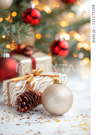 Festive christmas gift box with ornaments and bokeh lights under a tree 131175109