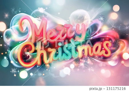 Festive neon merry christmas sign with holiday lights and pine branches 131175216