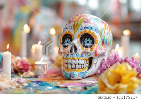 Colorful day of the dead ceramic skull with flowers and candles 131175217