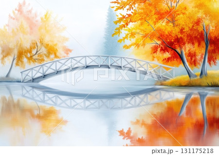 Scenic autumn landscape with bridge reflection over tranquil river and vibrant foliage 131175218